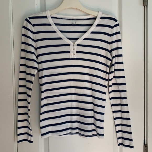 GAP Blue and White Striped Henley Top - Picture 1 of 3